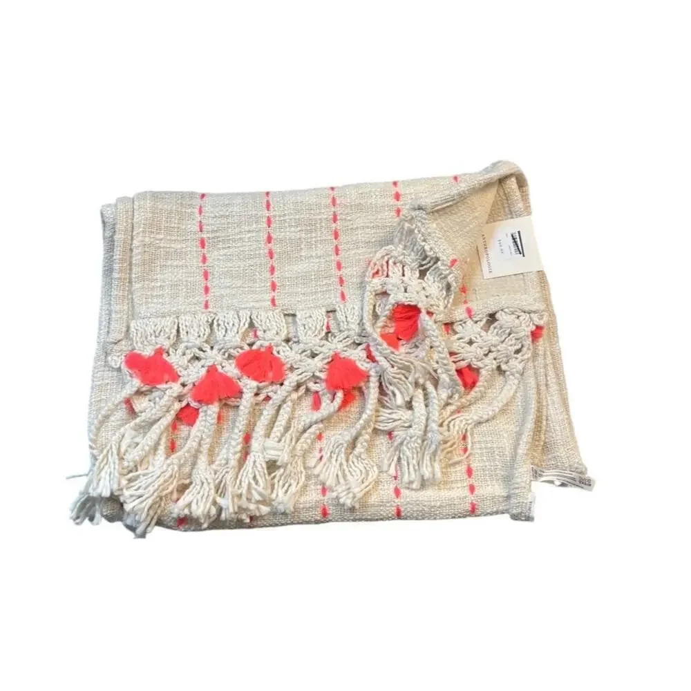 Anthropologie Home Beige & Bright Coral Table Runner 16 x 90 Tassels NEW